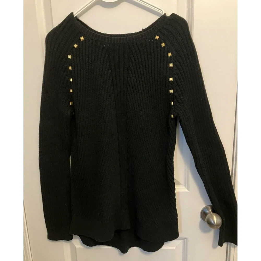 Michael - Michael Kors Black Sweater Size Medium Gold Studs Ribbed Longer Back